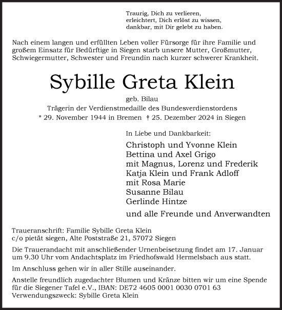 Traueranzeige von Sybille Greta Klein von Siegener Zeitung