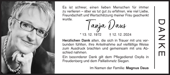 Traueranzeige von Tanja Daus von Siegener Zeitung