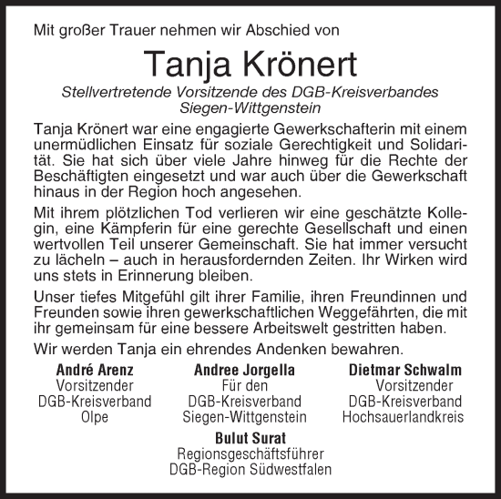 Traueranzeige von Tanja Krönert von Siegener Zeitung