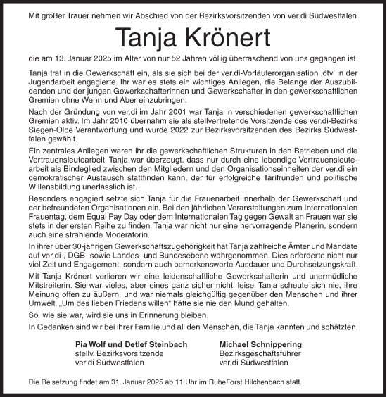 Traueranzeige von Tanja Krönert von Siegener Zeitung