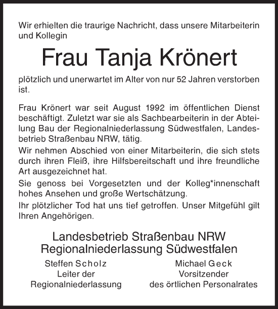 Traueranzeige von Tanja Krönert von Siegener Zeitung