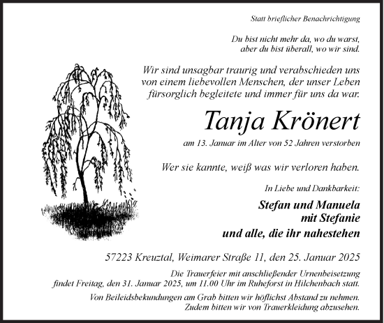 Traueranzeige von Tanja Krönert von Siegener Zeitung