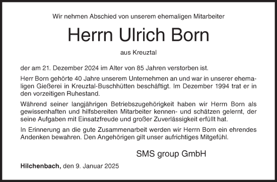 Traueranzeige von Ulrich Born von Siegener Zeitung