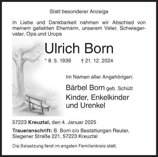 Traueranzeige von Ulrich Born von Siegener Zeitung