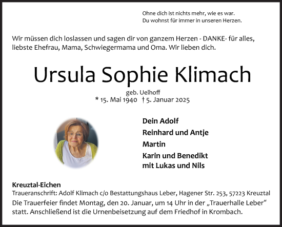 Traueranzeige von Ursula Sophie Klimach von Siegener Zeitung