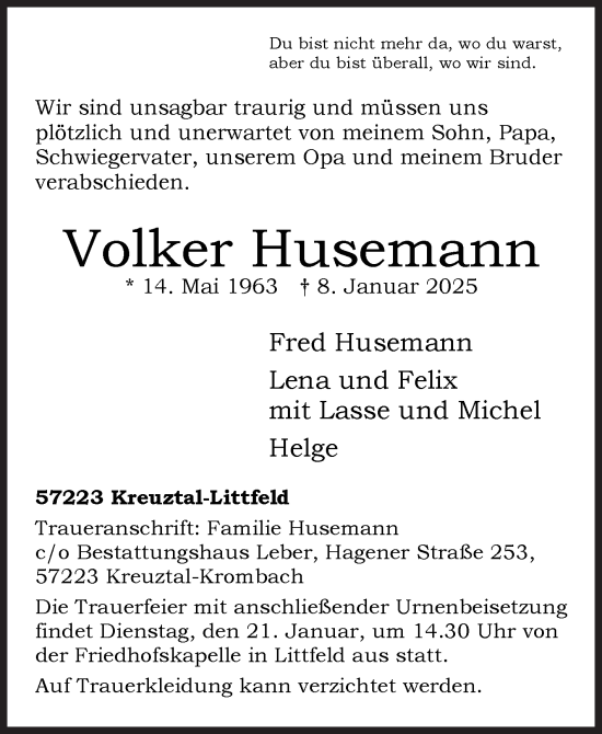Traueranzeige von Volker Husemann von Siegener Zeitung