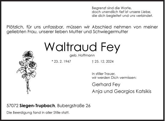 Traueranzeige von Waltraud Fey von Siegener Zeitung