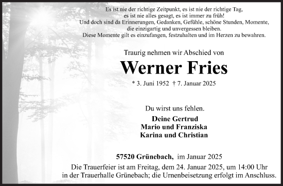 Traueranzeige von Werner Fries von Siegener Zeitung