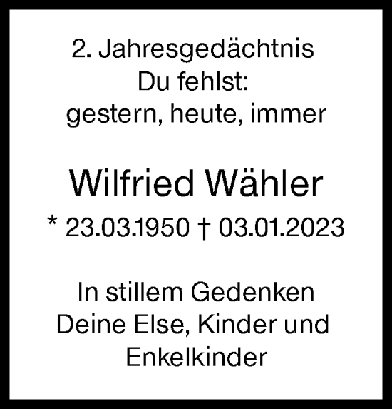 Traueranzeige von Wilfried Wähler von Siegener Zeitung