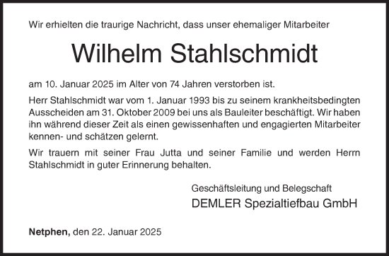 Traueranzeige von Wilhelm Stahlschmidt von Siegener Zeitung