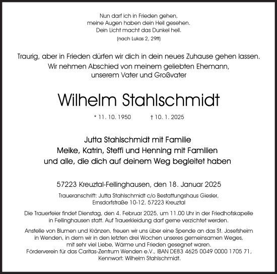 Traueranzeige von Wilhelm Stahlschmidt von Siegener Zeitung