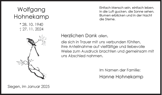 Traueranzeige von Wolfgang Hohnekamp von Siegener Zeitung