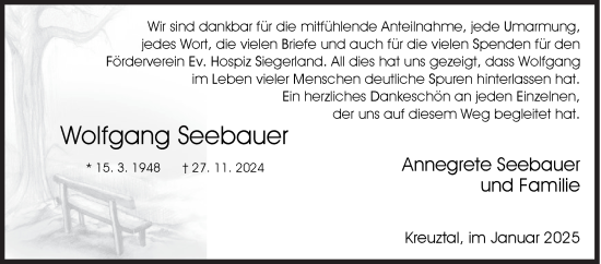 Traueranzeige von Wolfgang Seebauer von Siegener Zeitung