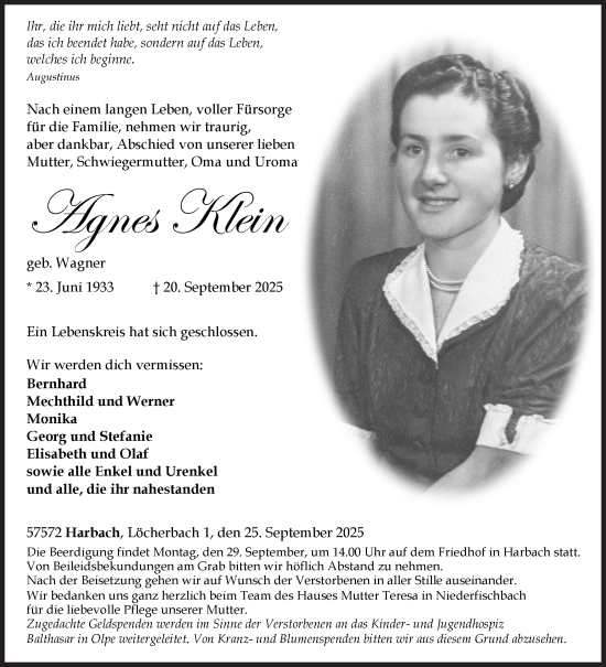Traueranzeige von Agnes Klein von Siegener Zeitung