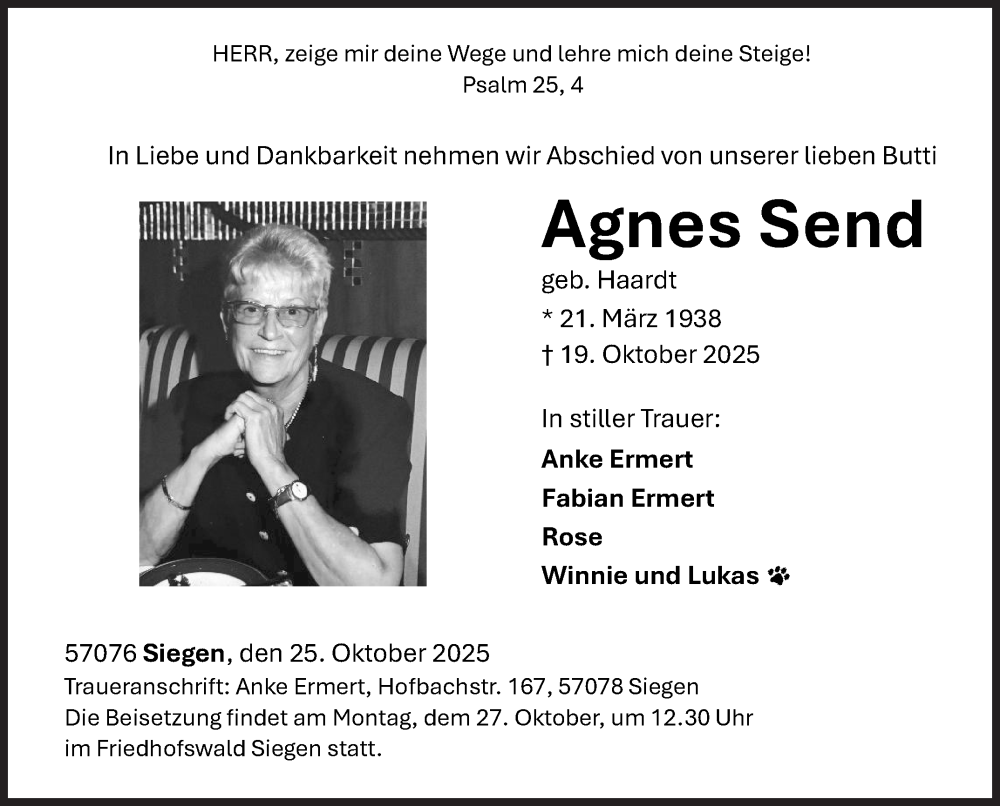  Traueranzeige für Agnes Send vom 25.10.2025 aus Siegener Zeitung