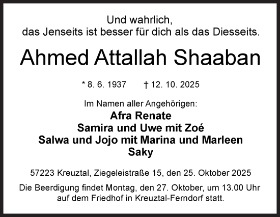 Traueranzeige von Ahmed Attallah Shaaban von Siegener Zeitung