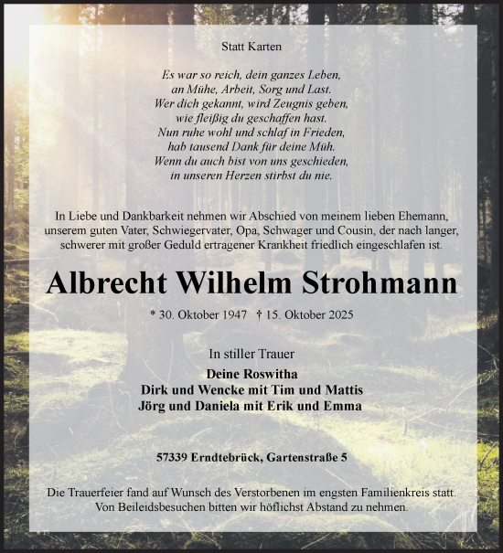 Traueranzeige von Albrecht Wilhelm Strohmann von Siegener Zeitung