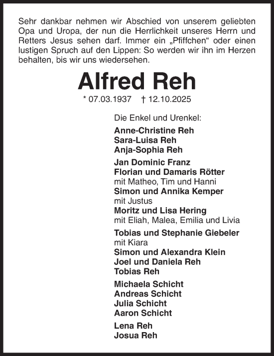 Traueranzeige von Alfred Reh von Siegener Zeitung
