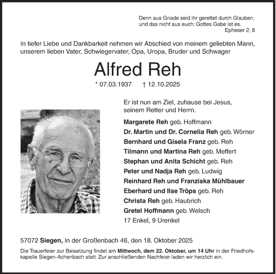 Traueranzeige von Alfred Reh von Siegener Zeitung
