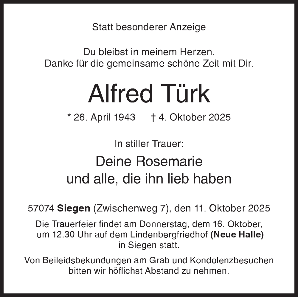 Traueranzeige für Alfred Türk vom 11.10.2025 aus Siegener Zeitung