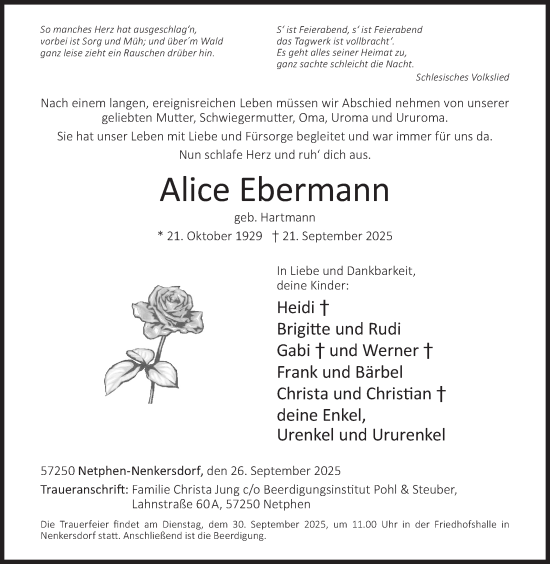 Traueranzeige von Alice Ebermann von Siegener Zeitung