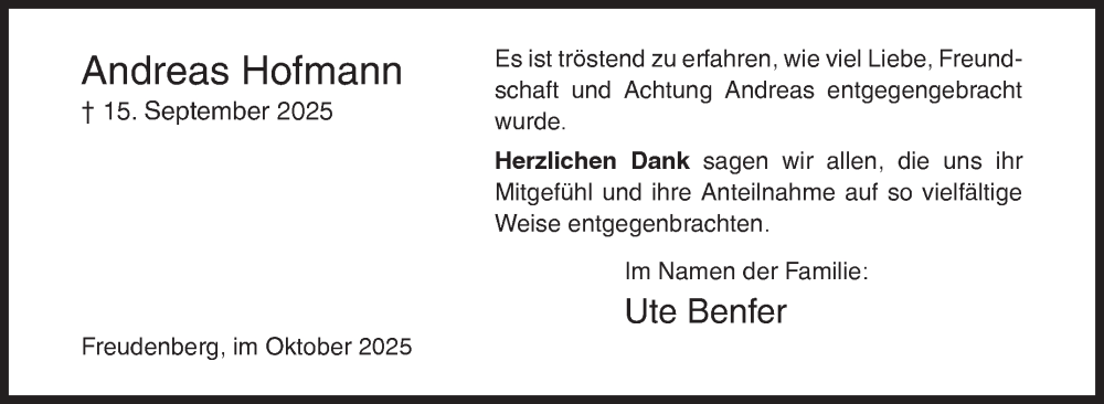  Traueranzeige für Andreas Hofmann vom 11.10.2025 aus Siegener Zeitung