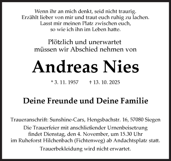 Traueranzeige von Andreas Nies von Siegener Zeitung