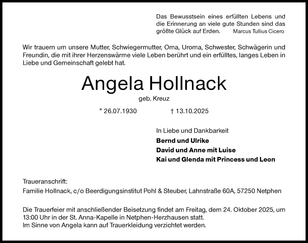  Traueranzeige für Angela Hollnack vom 22.10.2025 aus Siegener Zeitung