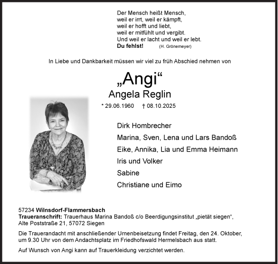 Traueranzeige von Angela Reglin von Siegener Zeitung