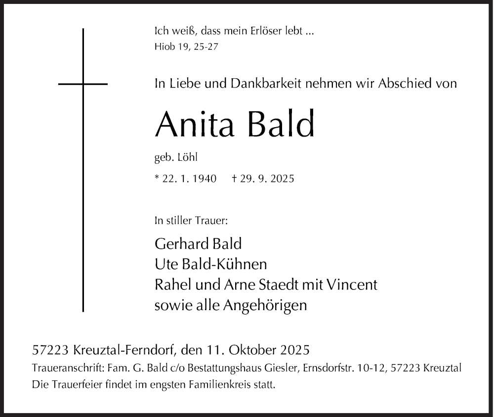  Traueranzeige für Anita Bald vom 11.10.2025 aus Siegener Zeitung