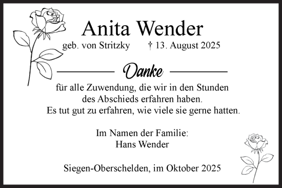 Traueranzeige von Anita Wender von Siegener Zeitung