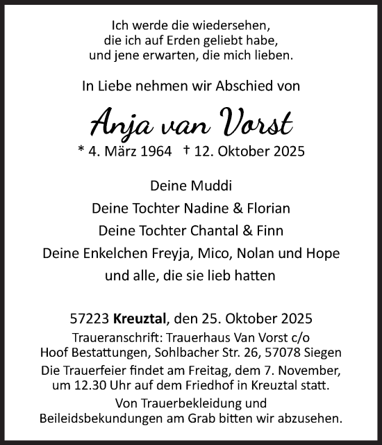 Traueranzeige von Anja van Verst von Siegener Zeitung