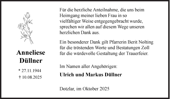 Traueranzeige von Anneliese Düllner von Siegener Zeitung
