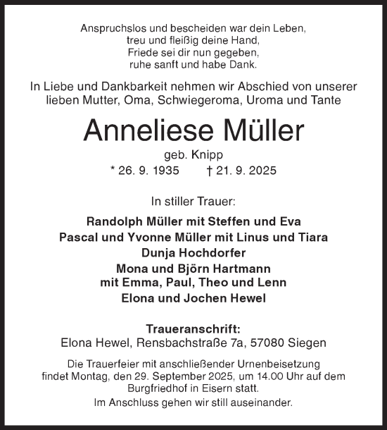Traueranzeige von Anneliese Müller von Siegener Zeitung