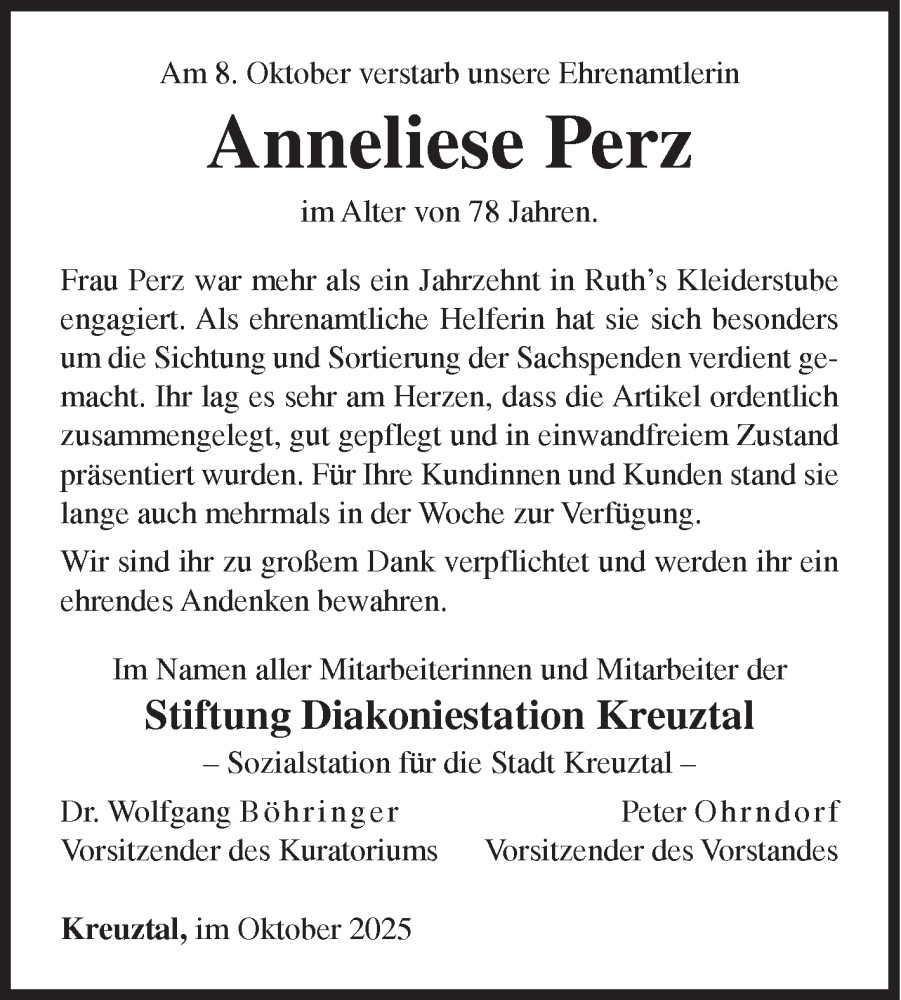  Traueranzeige für Anneliese Perz vom 18.10.2025 aus Siegener Zeitung