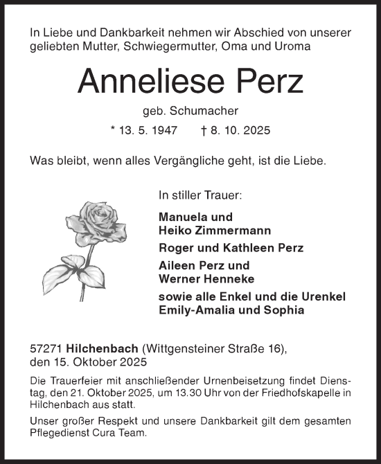Traueranzeige von Anneliese Perz von Siegener Zeitung