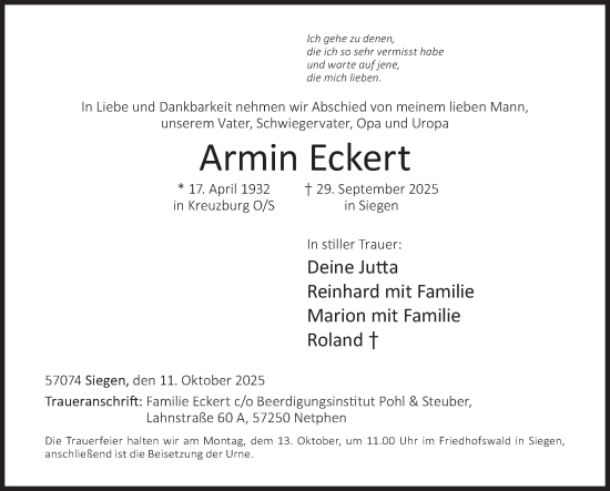 Traueranzeige von Armin Eckert von Siegener Zeitung