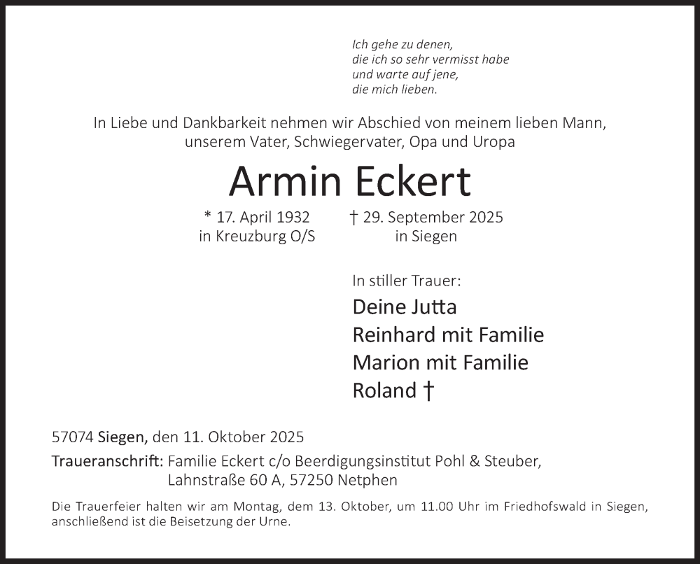  Traueranzeige für Armin Eckert vom 11.10.2025 aus Siegener Zeitung