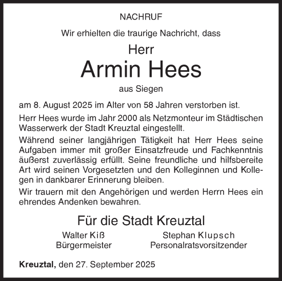 Traueranzeige von Armin Hees von Siegener Zeitung