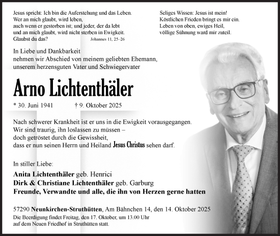 Traueranzeige von Arno Lichtenthäler von Siegener Zeitung