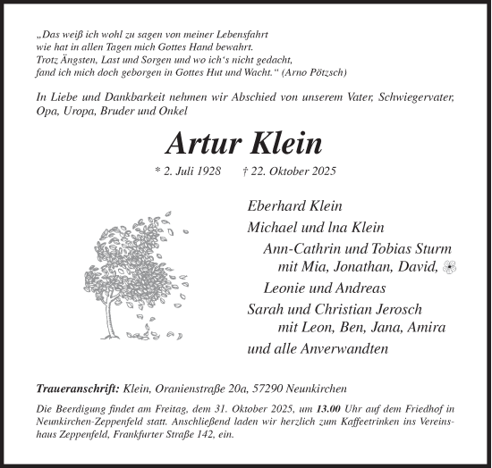 Traueranzeige von Artur Klein von Siegener Zeitung