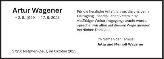 Traueranzeige von Artur Wagener von Siegener Zeitung