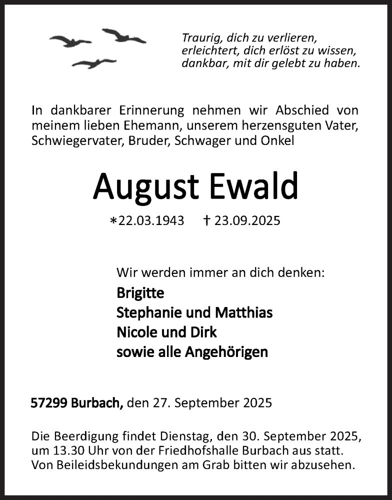  Traueranzeige für August Ewald vom 27.09.2025 aus Siegener Zeitung