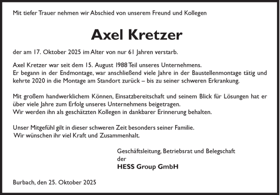 Traueranzeige von Axel Kretzer von Siegener Zeitung