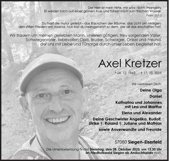 Traueranzeige von Axel Kretzer von Siegener Zeitung