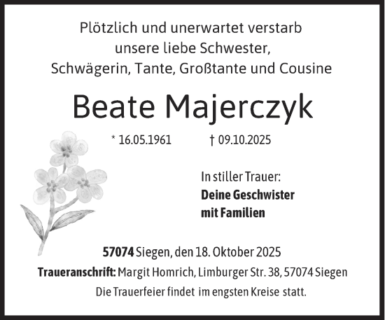 Traueranzeige von Beate Majerczyk von Siegener Zeitung