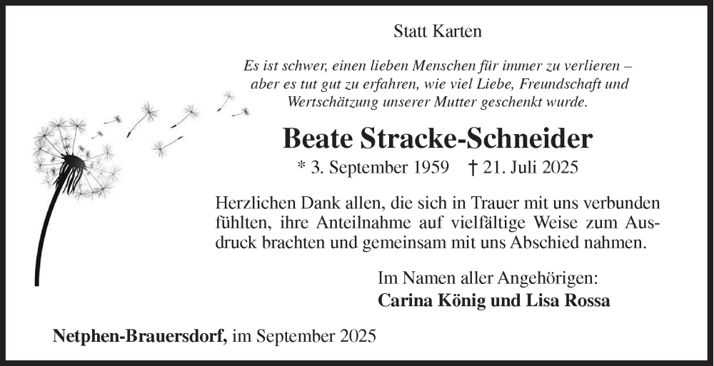  Traueranzeige für Beate Stracke-Schneider vom 30.09.2025 aus Siegener Zeitung