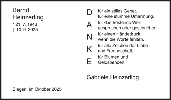 Traueranzeige von Bernd Heinzerling von Siegener Zeitung
