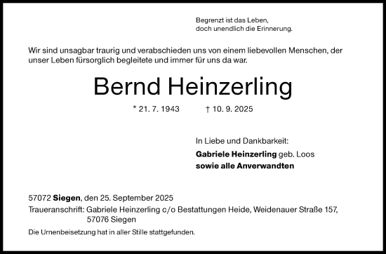 Traueranzeige von Bernd Heinzerling von Siegener Zeitung