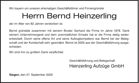 Traueranzeige von Bernd Heinzerling von Siegener Zeitung